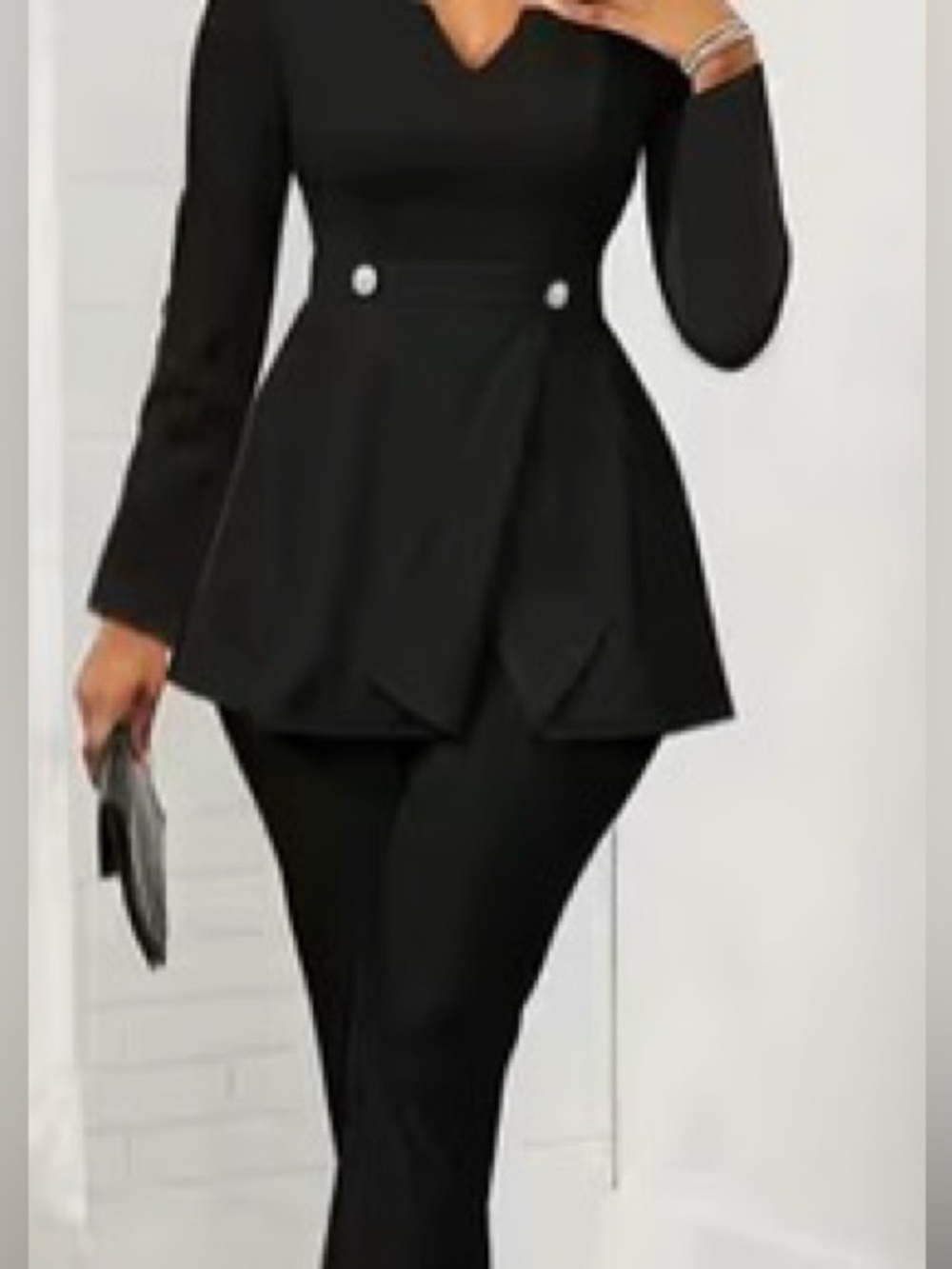 NWOT Black Long-Sleeve Peplum Jacket Suit with Gold Button Detail (with pants)